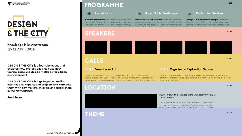 Schets van de interface voor de homepage van de website voor DESIGN & THE CITY, waarin ook goed het principe van het "gedeelde" scherm te zien is.